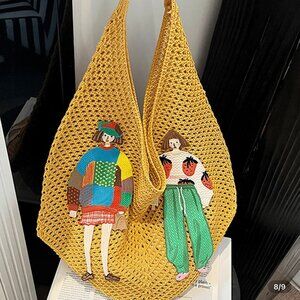 Summer yellow woven crochet net embroidery tote bag